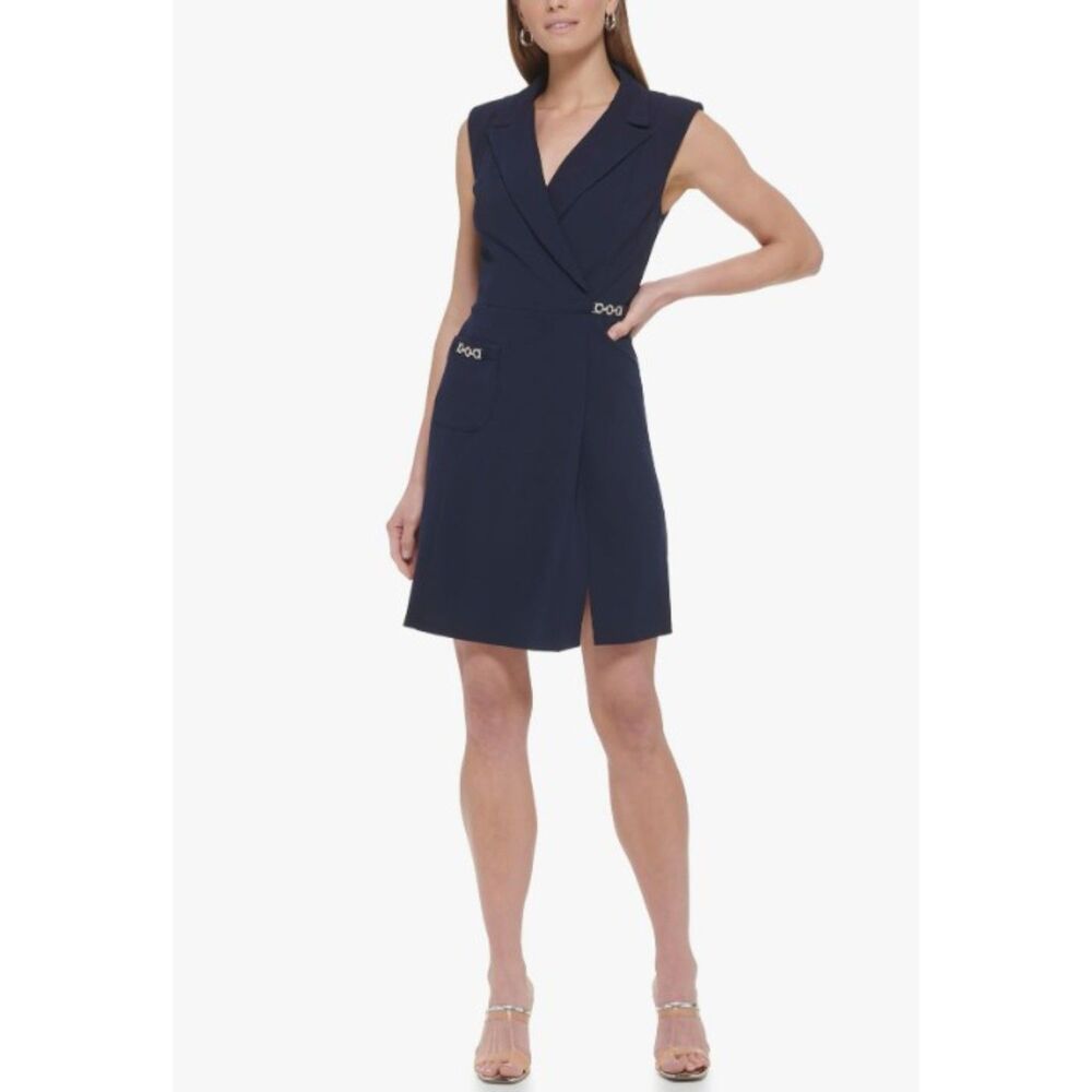 DKNY - Chain Detail V-Neck Sleeveless Sheath Dress Navy NWT - Size 4